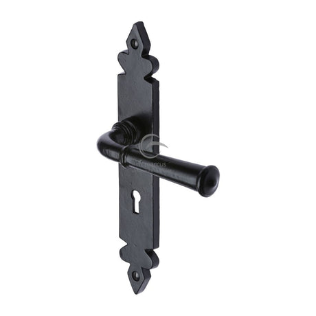 This is an image of a M.Marcus - Black Iron Rustic Door Handle Lever Lock Ludlow Design, fb5800 that is available to order from T.H Wiggans Ironmongery in Kendal.