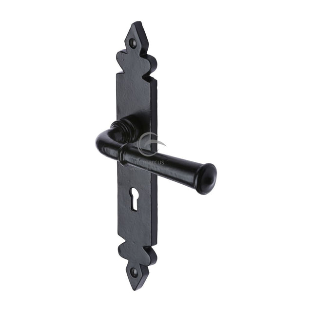 This is an image of a M.Marcus - Black Iron Rustic Door Handle Lever Lock Ludlow Design, fb5800 that is available to order from T.H Wiggans Ironmongery in Kendal.