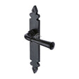 This is an image of a M.Marcus - Black Iron Rustic Door Handle Lever Latch Ludlow Design, fb5810 that is available to order from T.H Wiggans Ironmongery in Kendal.