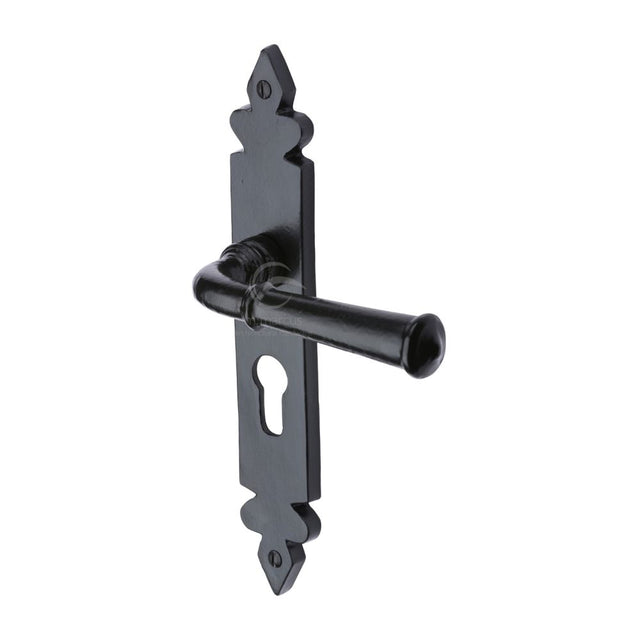This is an image of a M.Marcus - Black Iron Rustic Door Handle Euro Profile Plate Ludlow Design, fb5848 that is available to order from T.H Wiggans Ironmongery in Kendal.