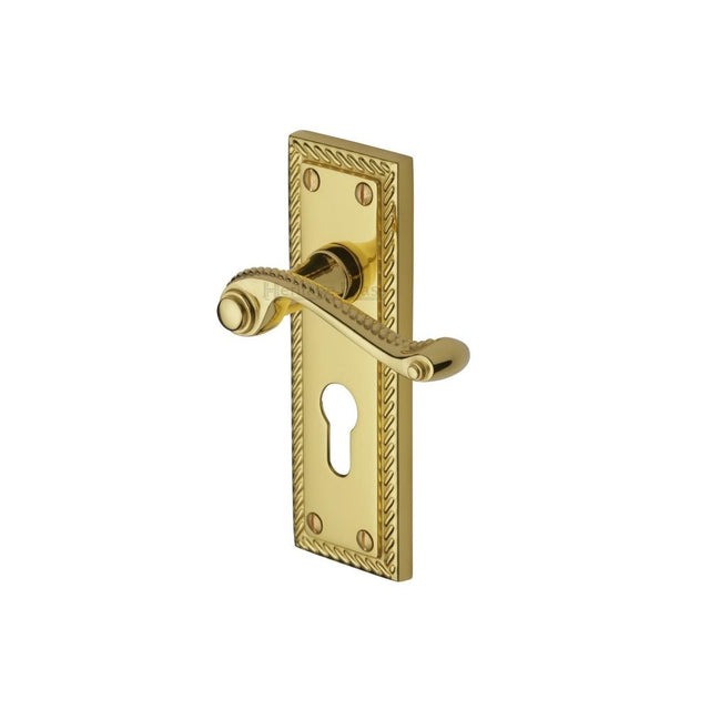 This is an image of a Heritage Brass - Door Handle for Euro Profile Plate Georgian Design Polished Brass F, g046-48-pb that is available to order from T.H Wiggans Ironmongery in Kendal.