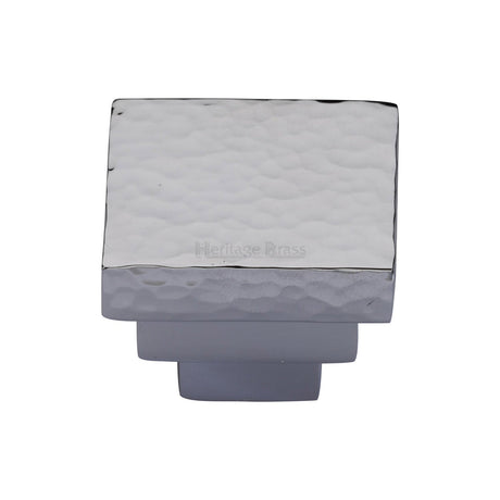 This is an image of a Heritage Brass - Cabinet Knob Square Stepped Hammered Design 32mm Polished Chrome finish, ham3672-32-pc that is available to order from T.H Wiggans Ironmongery in Kendal.