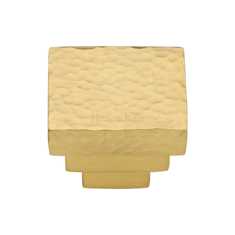 This is an image of a Heritage Brass - Cabinet Knob Square Stepped Hammered Design 32mm Satin Brass finish, ham3672-32-sb that is available to order from T.H Wiggans Ironmongery in Kendal.