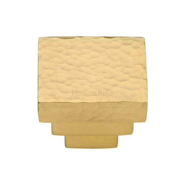 This is an image of a Heritage Brass - Cabinet Knob Square Stepped Hammered Design 32mm Satin Brass finish, ham3672-32-sb that is available to order from T.H Wiggans Ironmongery in Kendal.