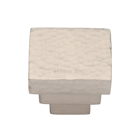 This is an image of a Heritage Brass - Cabinet Knob Square Stepped Hammered Design 32mm Satin Nickel finish, ham3672-32-sn that is available to order from T.H Wiggans Ironmongery in Kendal.