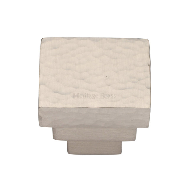 This is an image of a Heritage Brass - Cabinet Knob Square Stepped Hammered Design 32mm Satin Nickel finish, ham3672-32-sn that is available to order from T.H Wiggans Ironmongery in Kendal.