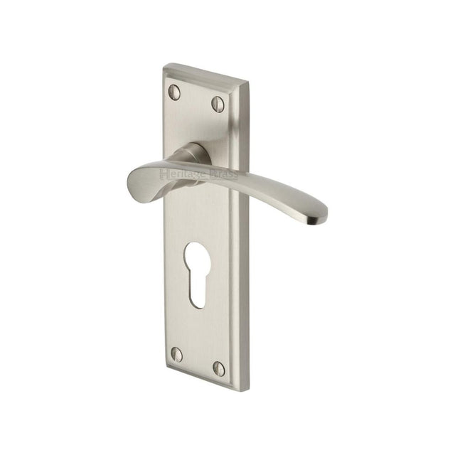 This is an image of a Heritage Brass - Door Handle for Euro Profile Plate Hilton Design Satin Nickel Fi, hil8648-sn that is available to order from T.H Wiggans Ironmongery in Kendal.