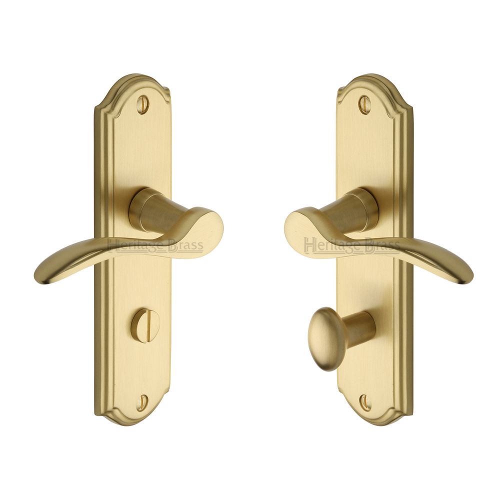 This is an image of a Heritage Brass - Door Handle for Bathroom Howard Design Satin Brass Finish, how1330-sb that is available to order from T.H Wiggans Ironmongery in Kendal.