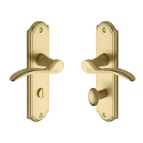 This is an image of a Heritage Brass - Door Handle for Bathroom Howard Design Satin Brass Finish, how1330-sb that is available to order from T.H Wiggans Ironmongery in Kendal.