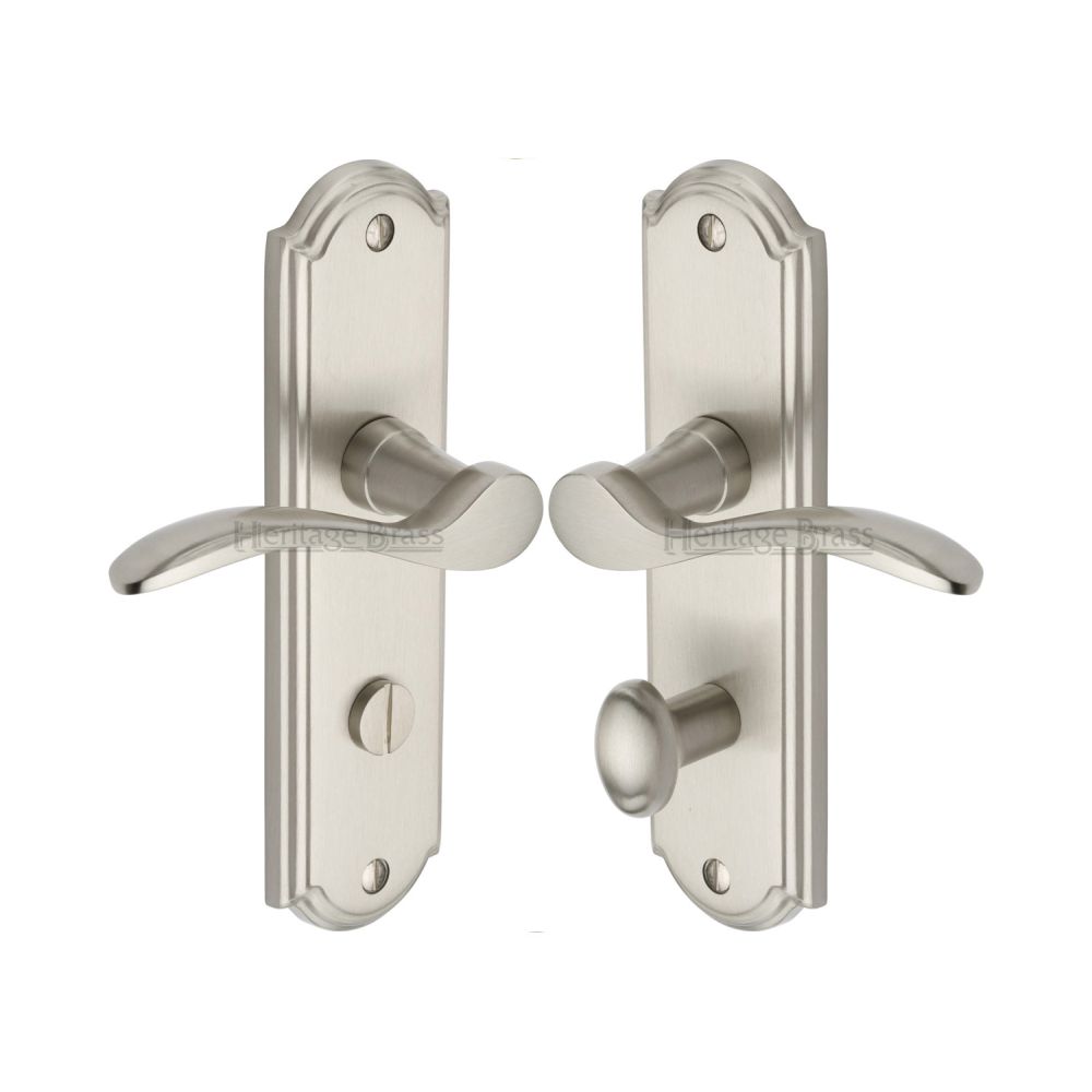 This is an image of a Heritage Brass - Door Handle for Bathroom Howard Design Satin Nickel Finish, how1330-sn that is available to order from T.H Wiggans Ironmongery in Kendal.