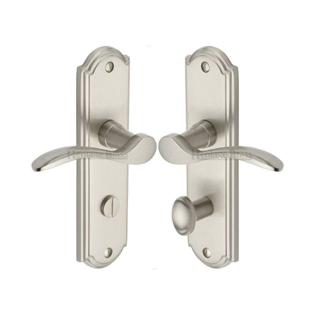 This is an image of a Heritage Brass - Door Handle for Bathroom Howard Design Satin Nickel Finish, how1330-sn that is available to order from T.H Wiggans Ironmongery in Kendal.