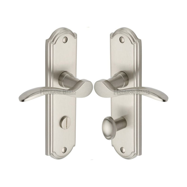 This is an image of a Heritage Brass - Door Handle for Bathroom Howard Design Satin Nickel Finish, how1330-sn that is available to order from T.H Wiggans Ironmongery in Kendal.