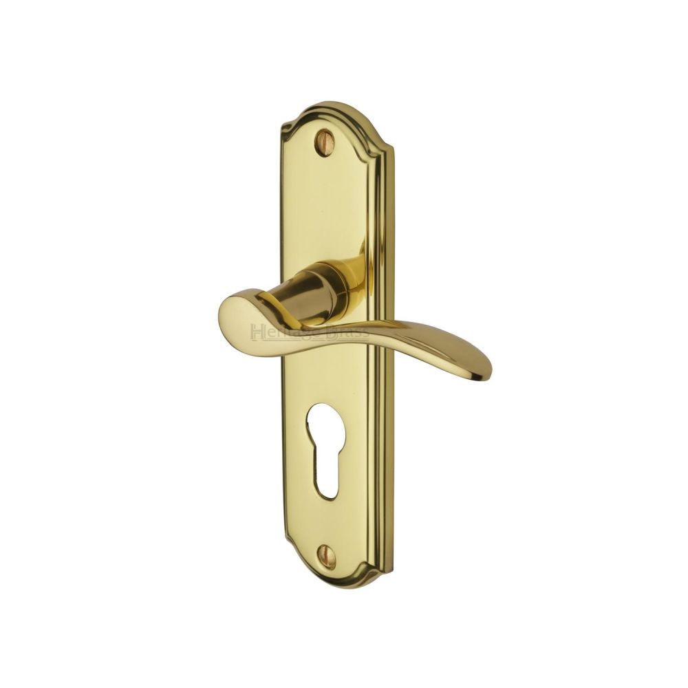 This is an image of a Heritage Brass - Door Handle for Euro Profile Plate Howard Design Polished Brass Fin, how1348-pb that is available to order from T.H Wiggans Ironmongery in Kendal.
