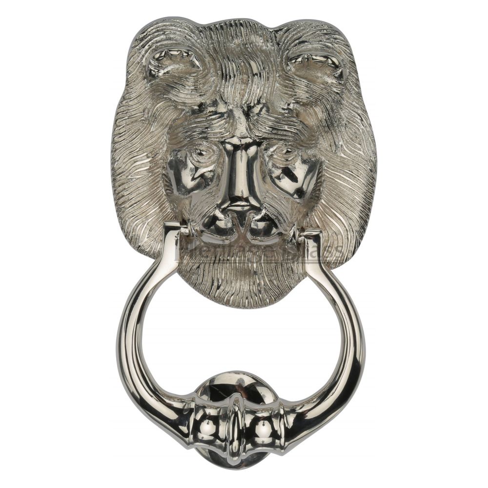 This is an image of a Heritage Brass - Lion Knocker Polished Nickel Finish, k1210-pnf that is available to order from T.H Wiggans Ironmongery in Kendal.