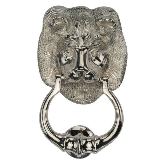 This is an image of a Heritage Brass - Lion Knocker Polished Nickel Finish, k1210-pnf that is available to order from T.H Wiggans Ironmongery in Kendal.