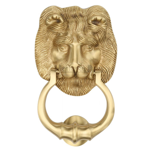 This is an image of a Heritage Brass - Lion Knocker Satin Brass Finish, k1210-sb that is available to order from T.H Wiggans Ironmongery in Kendal.