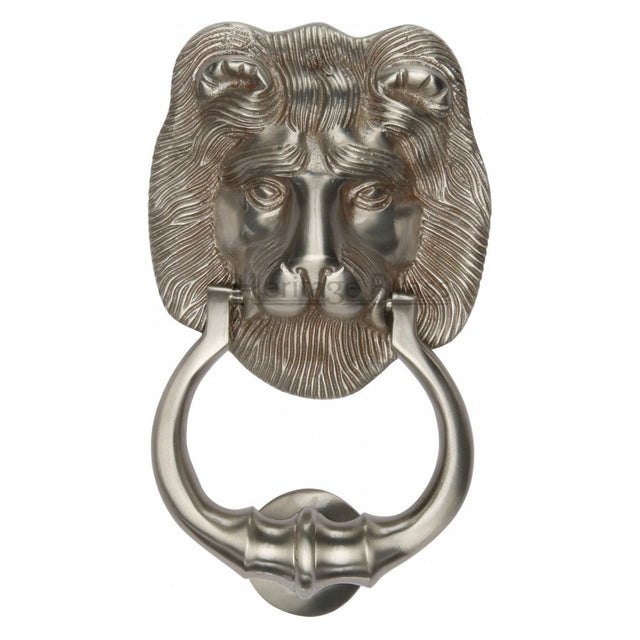 This is an image of a Heritage Brass - Lion Knocker Satin Nickel Finish, k1210-sn that is available to order from T.H Wiggans Ironmongery in Kendal.