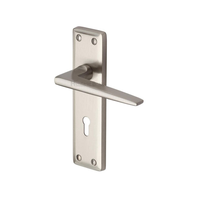 This is an image of a Heritage Brass - Door Handle Lever Lock Kendal Design Satin Nickel Finish, ken6800-sn that is available to order from T.H Wiggans Ironmongery in Kendal.