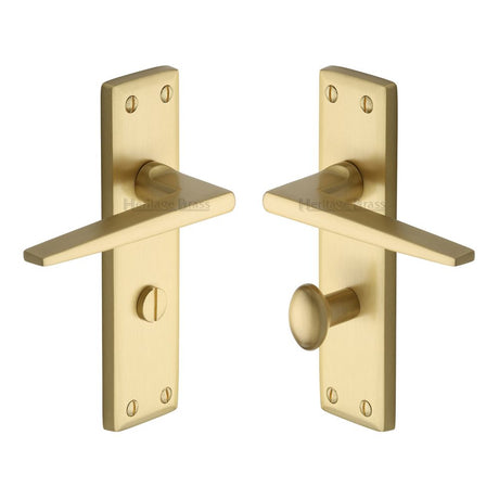 This is an image of a Heritage Brass - Door Handle for Bathroom Kendal Design Satin Brass Finish, ken6830-sb that is available to order from T.H Wiggans Ironmongery in Kendal.