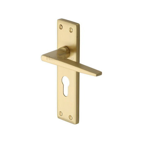 This is an image of a Heritage Brass - Door Handle for Euro Profile Plate Kendal Design Satin Brass Fin, ken6848-sb that is available to order from T.H Wiggans Ironmongery in Kendal.
