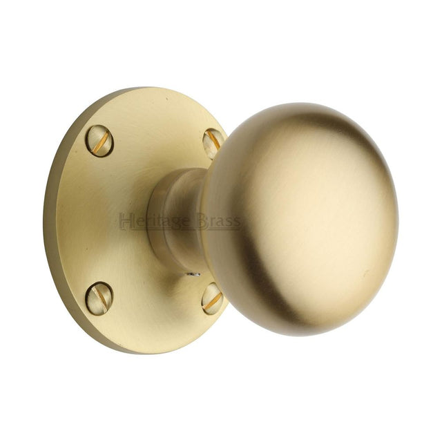 This is an image of a Heritage Brass - Mortice Knob on Rose Kensington Design Satin Brass Finish, ken980-sb that is available to order from T.H Wiggans Ironmongery in Kendal.