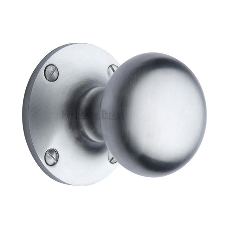 This is an image of a Heritage Brass - Mortice Knob on Rose Kensington Design Satin Chrome Finish, ken980-sc that is available to order from T.H Wiggans Ironmongery in Kendal.