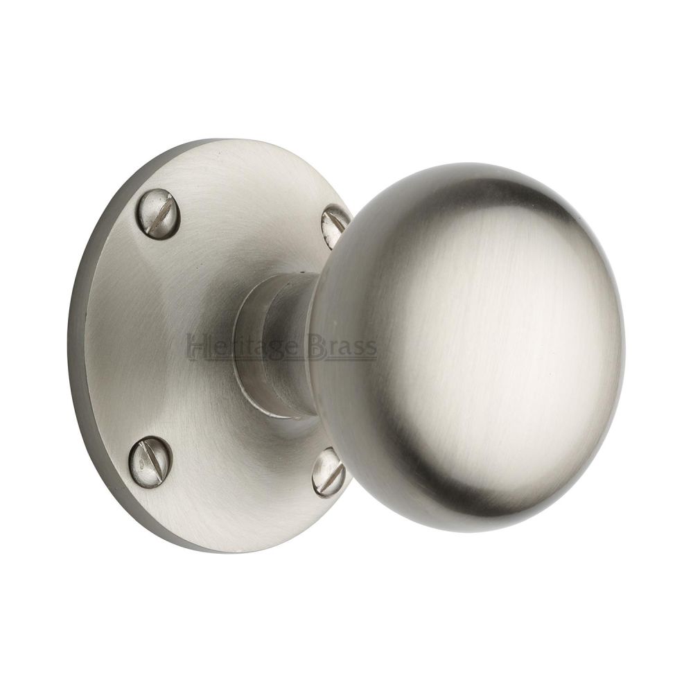 This is an image of a Heritage Brass - Mortice Knob on Rose Kensington Design Satin Nickel Finish, ken980-sn that is available to order from T.H Wiggans Ironmongery in Kendal.