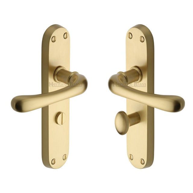 This is an image of a Heritage Brass - Door Handle for Bathroom Luna Design Satin Brass Finish, lun5330-sb that is available to order from T.H Wiggans Ironmongery in Kendal.