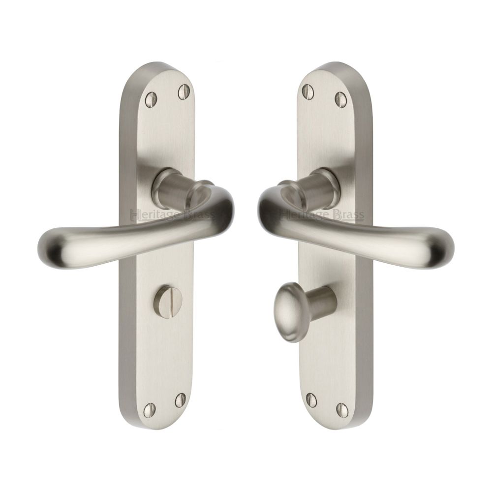 This is an image of a Heritage Brass - Door Handle for Bathroom Luna Design Satin Nickel Finish, lun5330-sn that is available to order from T.H Wiggans Ironmongery in Kendal.