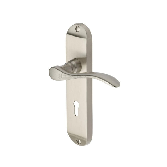 This is an image of a Heritage Brass - Door Handle Lever Lock Maya Design Satin Nickel Finish, may7600-sn that is available to order from T.H Wiggans Ironmongery in Kendal.