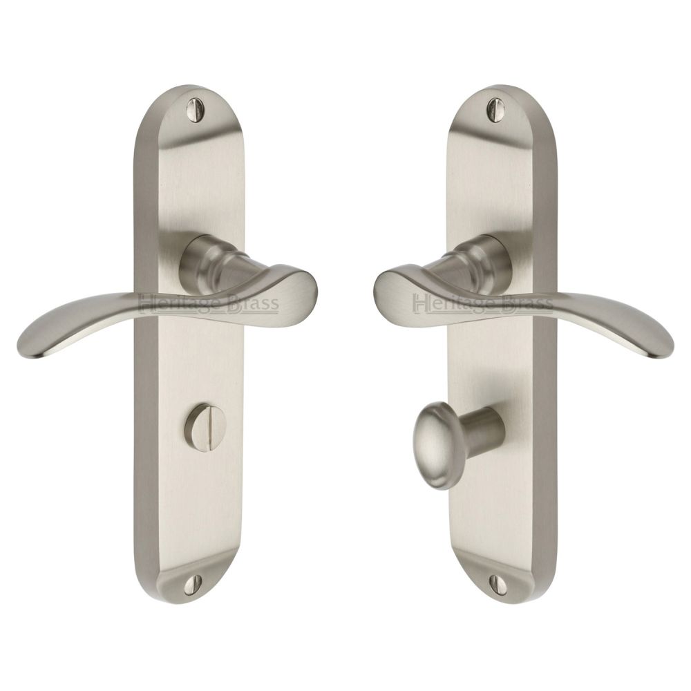 This is an image of a Heritage Brass - Door Handle for Bathroom Maya Design Satin Nickel Finish, may7630-sn that is available to order from T.H Wiggans Ironmongery in Kendal.