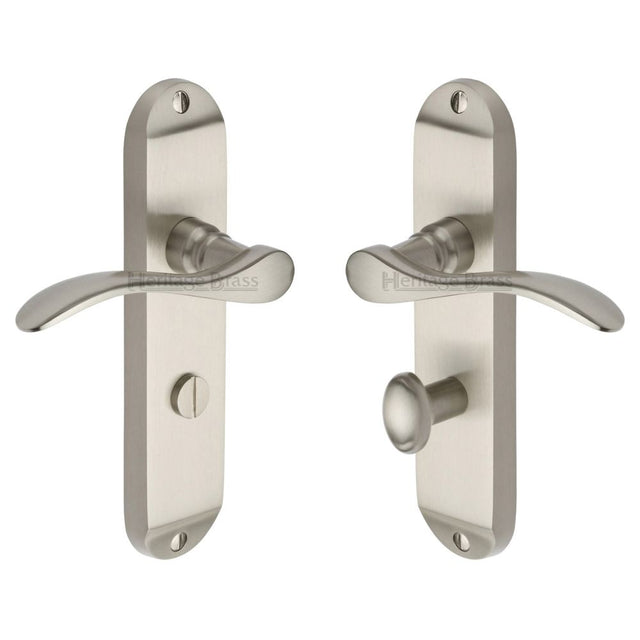 This is an image of a Heritage Brass - Door Handle for Bathroom Maya Design Satin Nickel Finish, may7630-sn that is available to order from T.H Wiggans Ironmongery in Kendal.
