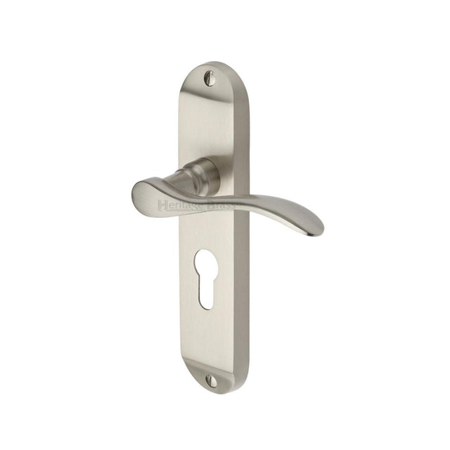 This is an image of a Heritage Brass - Door Handle for Euro Profile Plate Maya Design Satin Nickel Fini, may7648-sn that is available to order from T.H Wiggans Ironmongery in Kendal.