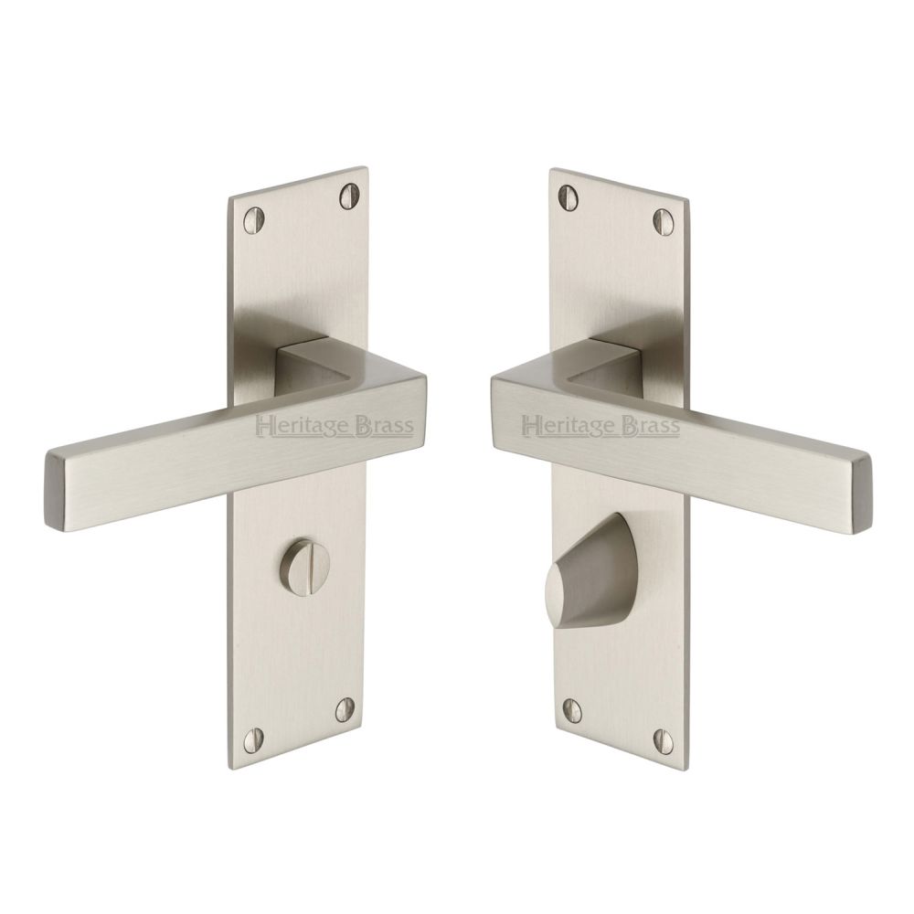 This is an image of a Heritage Brass - Door Handle for Bathroom Metro Design Satin Nickel Finish, met4930-sn that is available to order from T.H Wiggans Ironmongery in Kendal.