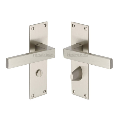 This is an image of a Heritage Brass - Door Handle for Bathroom Metro Design Satin Nickel Finish, met4930-sn that is available to order from T.H Wiggans Ironmongery in Kendal.