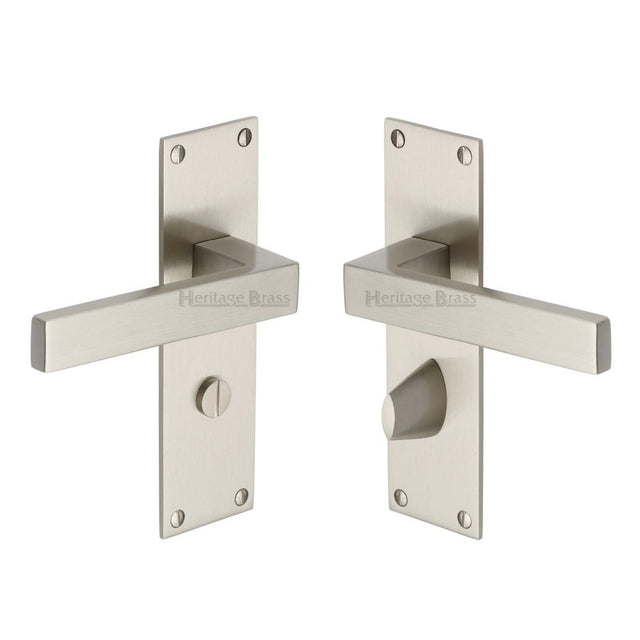 This is an image of a Heritage Brass - Door Handle for Bathroom Metro Design Satin Nickel Finish, met4930-sn that is available to order from T.H Wiggans Ironmongery in Kendal.