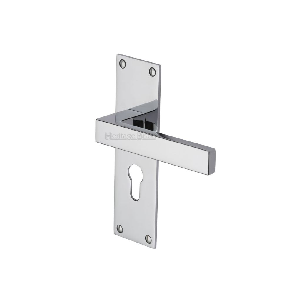 This is an image of a Heritage Brass - Door Handle for Euro Profile Plate Metro Design Polished Chrome Fin, met4948-pc that is available to order from T.H Wiggans Ironmongery in Kendal.