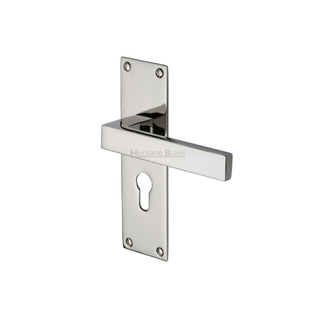This is an image of a Heritage Brass - Door Handle for Euro Profile Plate Metro Design Polished Nickel Fin, met4948-pnf that is available to order from T.H Wiggans Ironmongery in Kendal.