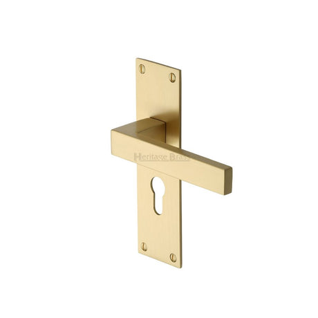This is an image of a Heritage Brass - Door Handle for Euro Profile Plate Metro Design Satin Brass Fini, met4948-sb that is available to order from T.H Wiggans Ironmongery in Kendal.