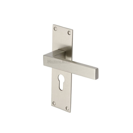This is an image of a Heritage Brass - Door Handle for Euro Profile Plate Metro Design Satin Nickel Fin, met4948-sn that is available to order from T.H Wiggans Ironmongery in Kendal.