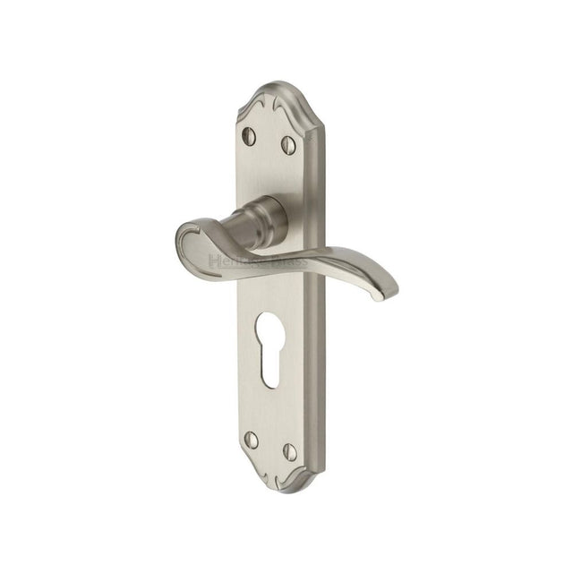 This is an image of a Heritage Brass - Door Handle for Euro Profile Plate Verona Small Design Satin Nic, mm625-sn that is available to order from T.H Wiggans Ironmongery in Kendal.
