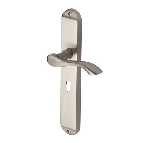 This is an image of a Heritage Brass - Door Handle Lever Lock Algarve Long Design Satin Nickel Finish, mm7200-sn that is available to order from T.H Wiggans Ironmongery in Kendal.