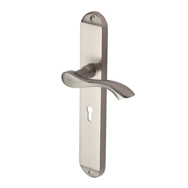 This is an image of a Heritage Brass - Door Handle Lever Lock Algarve Long Design Satin Nickel Finish, mm7200-sn that is available to order from T.H Wiggans Ironmongery in Kendal.