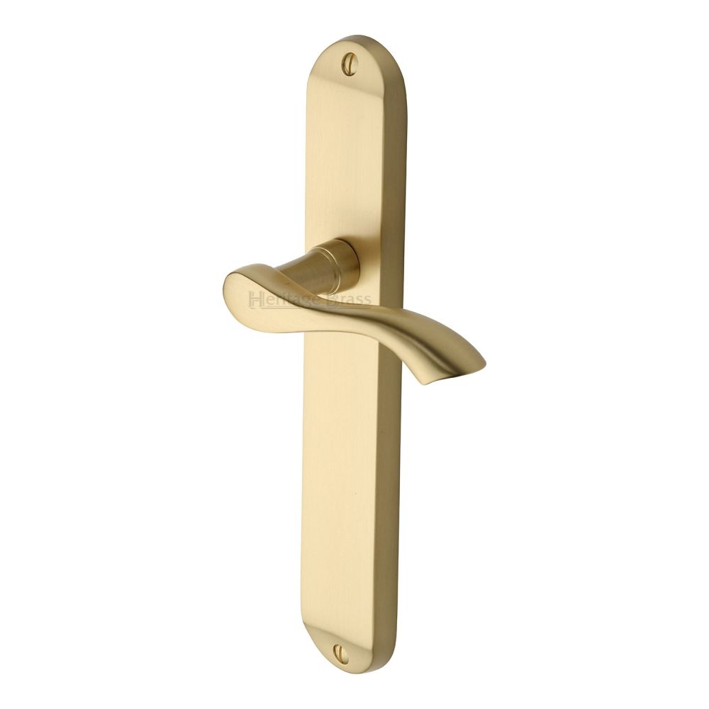 This is an image of a Heritage Brass - Door Handle Lever Latch Algarve Long Design Satin Brass Finish, mm7210-sb that is available to order from T.H Wiggans Ironmongery in Kendal.