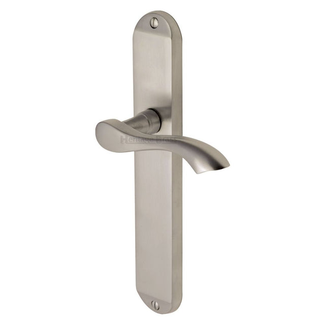 This is an image of a Heritage Brass - Door Handle Lever Latch Algarve Long Design Satin Nickel Finish, mm7210-sn that is available to order from T.H Wiggans Ironmongery in Kendal.