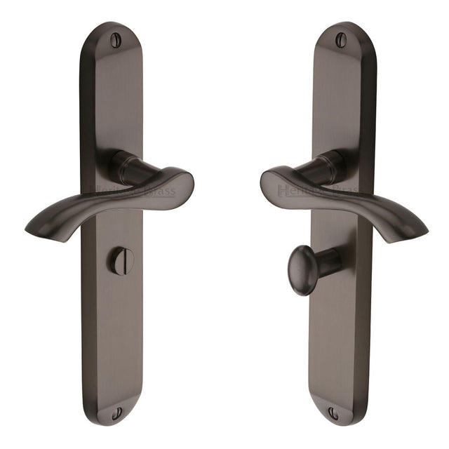 This is an image of a Heritage Brass - Door Handle for Bathroom Algarve Long Design Matt Bronze Finish, mm7230-mb that is available to order from T.H Wiggans Ironmongery in Kendal.