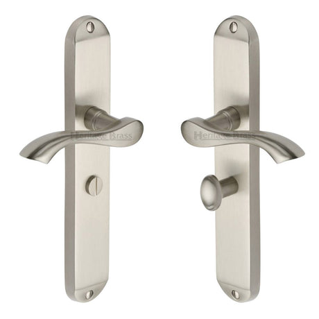 This is an image of a Heritage Brass - Door Handle for Bathroom Algarve Long Design Satin Nickel Finish, mm7230-sn that is available to order from T.H Wiggans Ironmongery in Kendal.