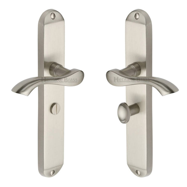 This is an image of a Heritage Brass - Door Handle for Bathroom Algarve Long Design Satin Nickel Finish, mm7230-sn that is available to order from T.H Wiggans Ironmongery in Kendal.