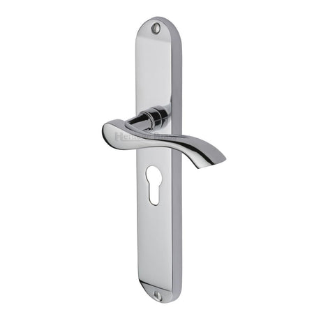 This is an image of a Heritage Brass - Door Handle for Euro Profile Plate Algarve Long Design Polished Chr, mm7248-pc that is available to order from T.H Wiggans Ironmongery in Kendal.