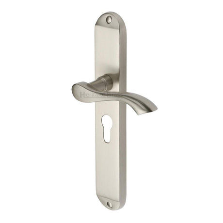 This is an image of a Heritage Brass - Door Handle for Euro Profile Plate Algarve Long Design Satin Nic, mm7248-sn that is available to order from T.H Wiggans Ironmongery in Kendal.